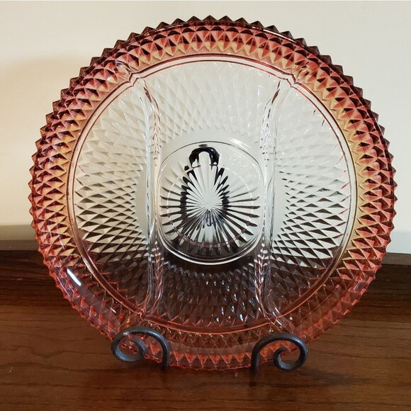 Indiana Glass Ruby Red Diamond Point Divided Serving Platter 12.25" - Picture 2 of 7